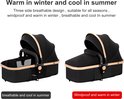 Zwarte reiswieg met goudkleurige accenten, winddicht en warm in de winter, ademend en koel in de zomer.