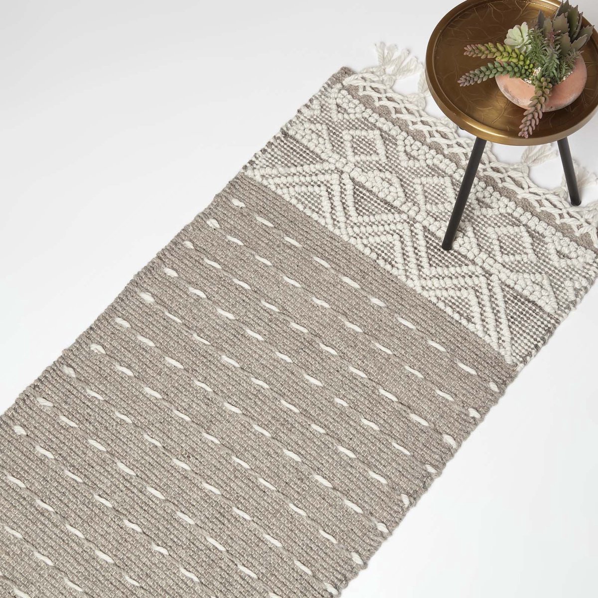 Homescapes Handgeweven Kelim Runner Patna - 66 x 200 cm, grijs en wit patroon
