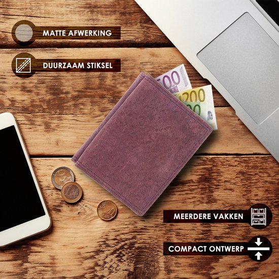 Paarse portemonnee met matte afwerking, duurzaam stiksel, meerdere vakken en compact ontwerp.