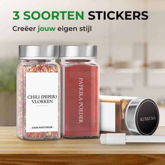 Soothe Autocollants d'épices pour pots - Étiquettes d'épices - Étiquettes d'épices - Néerlandais - 144 variétés d'épices - Transparent, Blanc & Noir