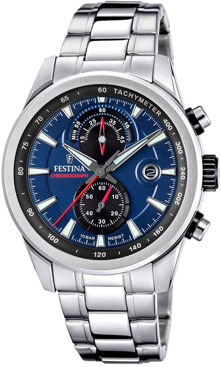 Festina F20694-5 Heren Horloge - Chronograaf - Mineraalglas - Roestvrijstaal-Staal - Zilverkleurig - Ø 44 mm - Quartz - Vouw-Vlindersluiting