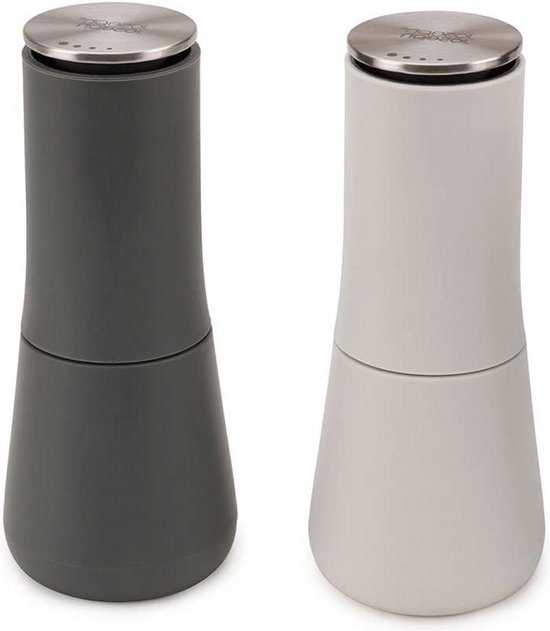 Joseph Joseph Milltop Non-Spill zout- en pepermolenset Navulbaar met Keramisch Maalwerk, Wit/Grijs