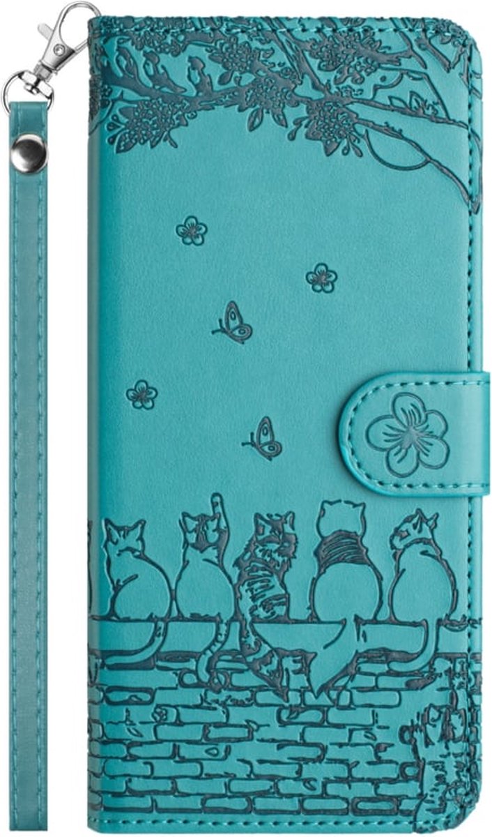BookCover Hoes Etui geschikt voor iPhone 16 - Turquoise - Katten op muurtje - Reliëf