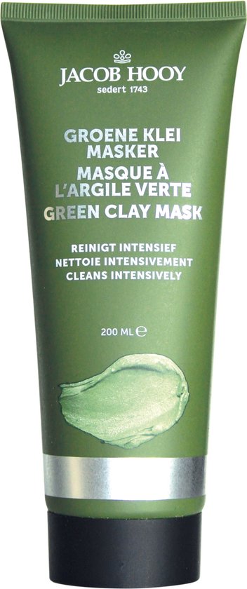 Groene klei masker van Jacob Hooy in een groene tube, met de tekst "Groene Klei Masker" en 200 ML.
