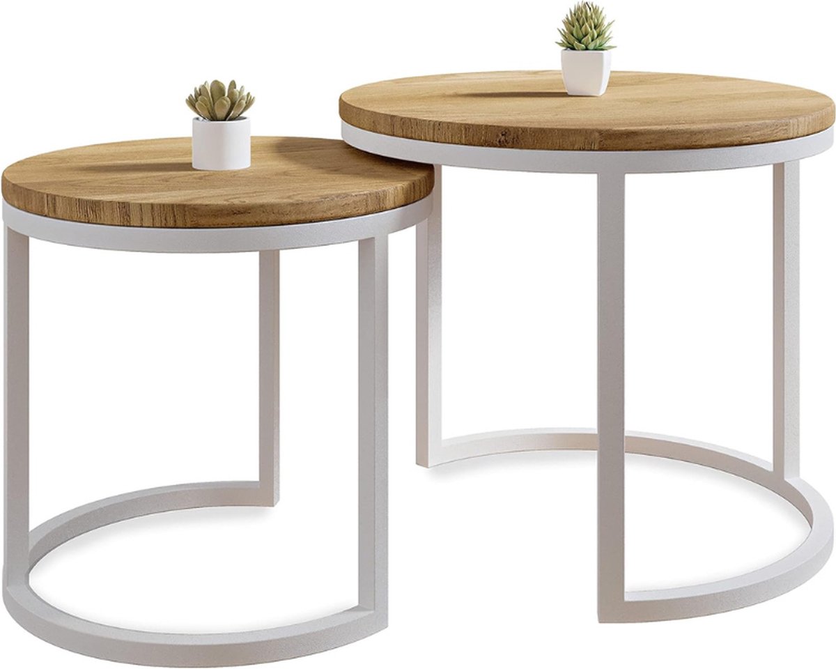 Set Van 2 Ronde Salontafels Modena - Handgemaakt Van Massief Natuurlijk Eikenhout Met Modern Minimalistisch Industrieel Design (Ø50x43 Cm / Ø40x38 Cm)