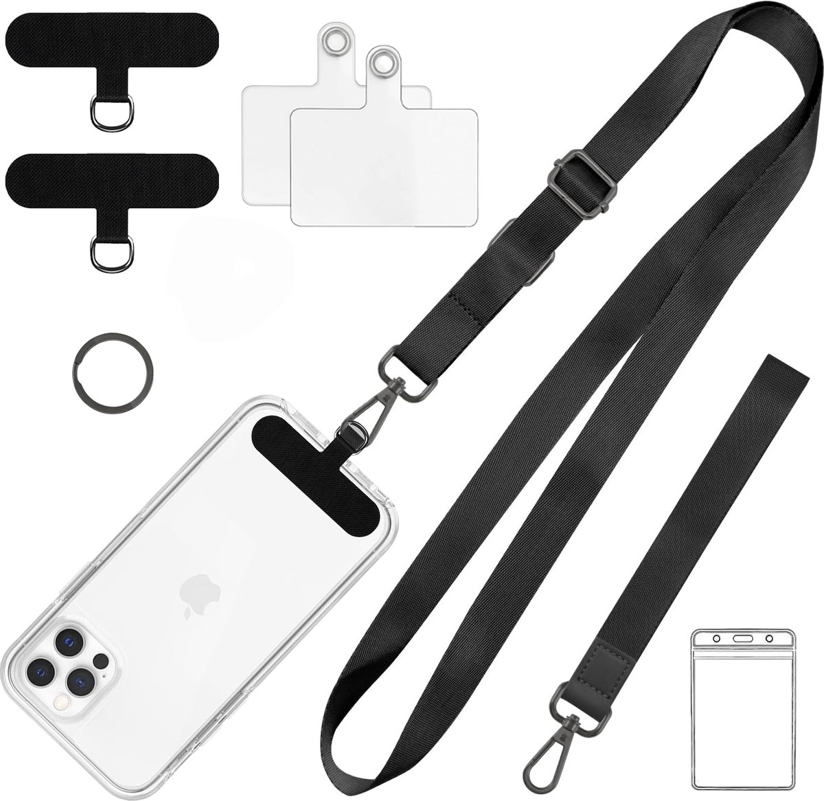2-Delig Verstelbaar Nek & Pols Lanyards met Badgehouder - Universeel Telefoonkoord - Keycord Sleutelhanger - Leer Telefoonketting - Telefoon Ketting - GSM Koord - Sleutelkoord - Keykoord met ID Pashouder - Nekkoord voor Sleutels - Zwart