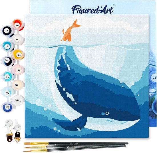 Afgeronde schilderskit met een blauwe walvis en oranje vis, met genummerde verfpotjes, penselen en ophanghaakjes.