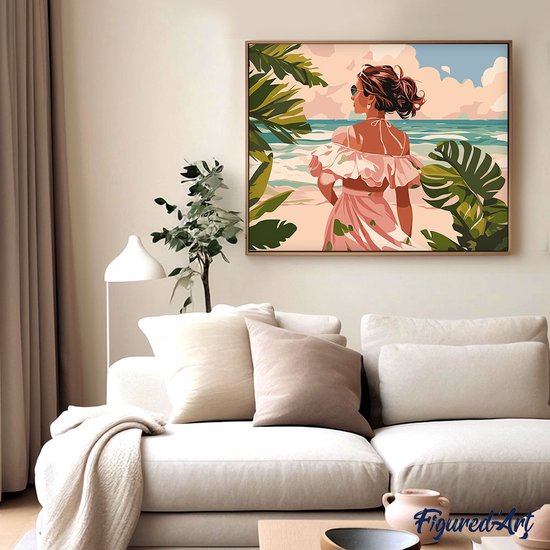 Figured' Art Peinture par numéros sur toile Adultes Douce fille au bord de la mer - Kit de peinture acrylique artisanal DIY complet - 40x50 cm avec cadre en bois DIY