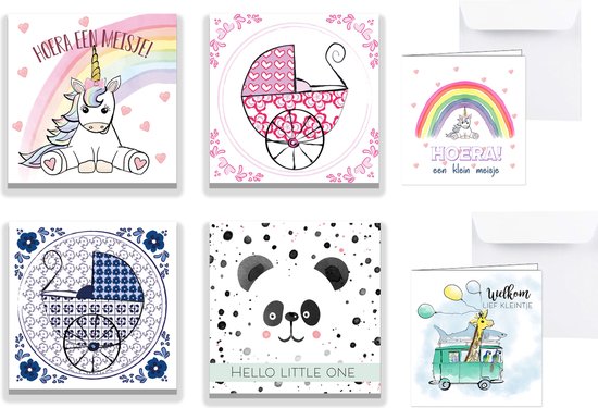 Set geboortekaarten 6 stuks – Felicitatiekaarten geboorte – Baby jongen & meisje – Eenhoorn en dierenthema – 14 x 14 / 15 x 15 cm