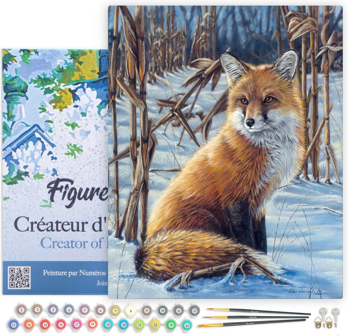 Figured'Art Schilderen op Nummer Volwassenen met lijst - Vos in de sneeuw - Handwerk acrylverf Kit DIY Compleet - 40x50cm Canvas al ingelijst