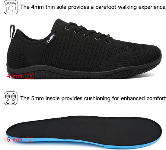 Geweo Chaussures pour femmes Barefoot - Chaussures de sport Baskets pour femmes - Chaussures de Fitness - Chaussures de course - Textile Tricot Respirant - Semelle Plate - Zwart - 42