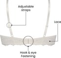 Details van een witte bh: verstelbare bandjes, kant en haak-oogsluiting.