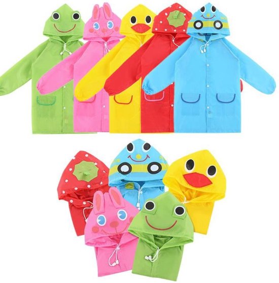 Vrolijke kinder regenponcho's in felle kleuren met dierenprints: kikker, konijn, eend, aardbei en beer.