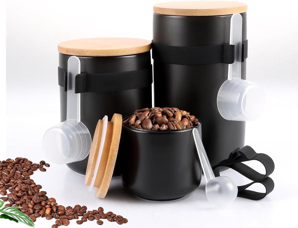 Set of 3 Black Ceramic Storage Containers with Lids for Coffee Sugar Tea Spices