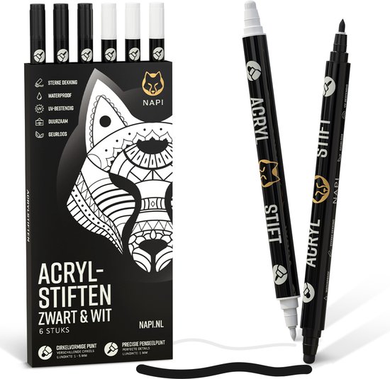 NAPI 6 stylos acryliques Dual pointe - Marqueurs jumeaux - Zwart et Wit - Stylos de peinture Happy Stones - Marqueurs à Peinture avec Marker de Peinture Acryl - Adultes et Enfants