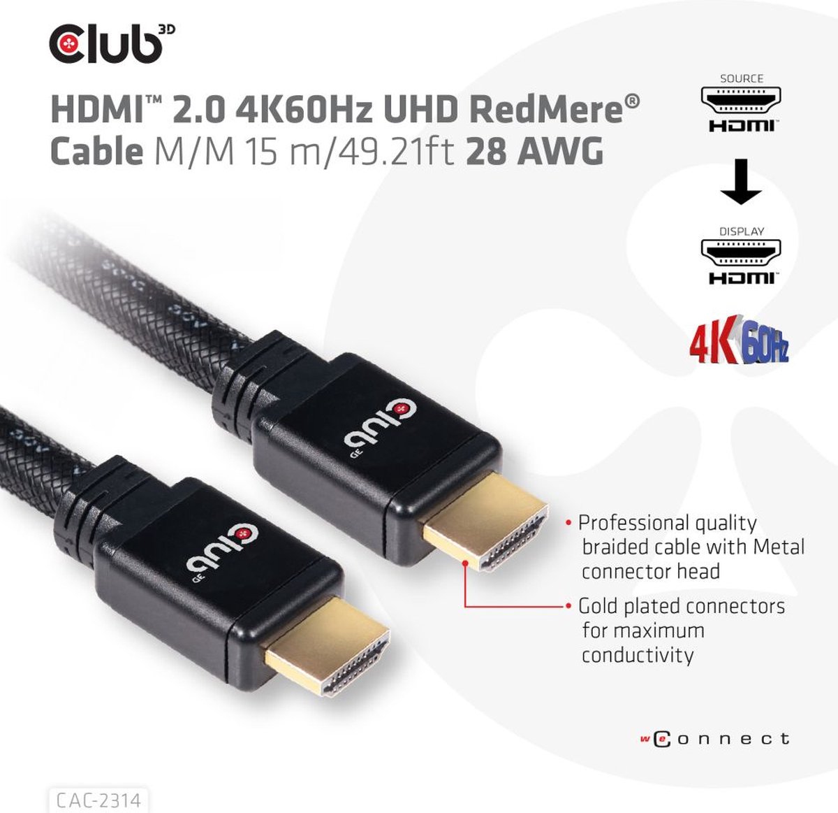club3D HDMI Aansluitkabel 15.00 m CAC-2314 Vlambestendig Zwart [1x HDMI-stekker - 1x HDMI-stekker]
