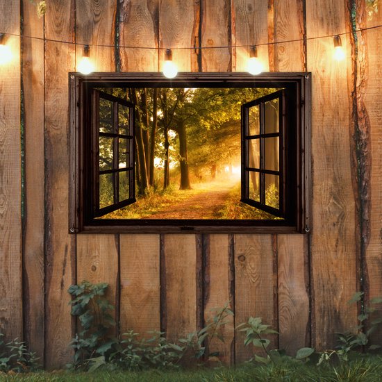 Tuinposter 120x80 cm - Tuindecoratie Bos - Bomen - Zonlicht - Herfst - Bospad - Natuur - Doorkijk - Poster voor in de tuin - Buiten decoratie - Schutting tuinschilderij - Tuindoek muurdecoratie - Wanddecoratie balkondoek