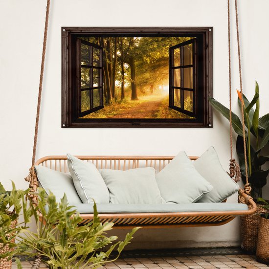 Tuinposter 120x80 cm - Tuindecoratie Bos - Bomen - Zonlicht - Herfst - Bospad - Natuur - Doorkijk - Poster voor in de tuin - Buiten decoratie - Schutting tuinschilderij - Tuindoek muurdecoratie - Wanddecoratie balkondoek