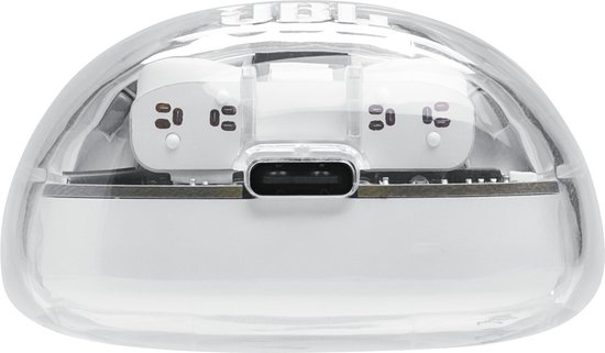 Bovenaanzicht van het open witte oplaaddoosje voor JBL Tune Flex 2 oordopjes, met USB-C poort.