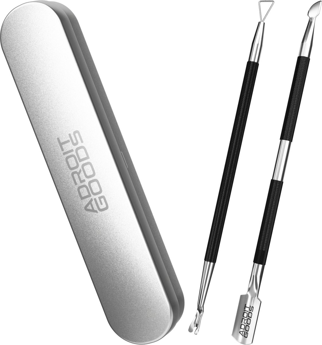 Goedkoopste AdroitGoods Nagelriem Bokkenpoot Set - 2 Delig - Zwart - Met Opbergdoos - Cuticle Pusher - Nagelriem Duwer - RVS