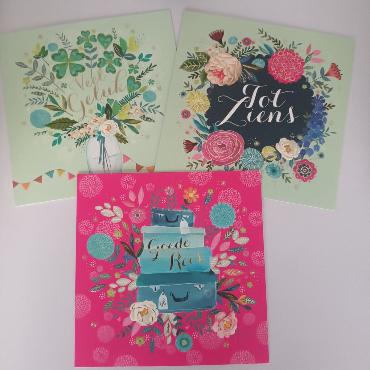 6 Luxe Wenskaarten Tot Ziens Afscheid - Wens Kaart Greeting Cards Set - Paperclip Serie Le Chic Goede Reis Tot Ziens Veel Geluk - 3 Motieven - Envelop 15x15cm Vierkant