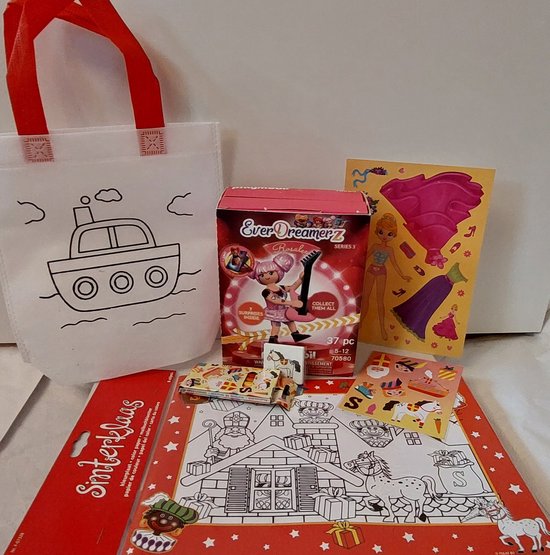 6-delige set Sinterklaascadeautjes voor meisjes + Handgeschilderd cadeau tas - schoencadeaus Sinterklaas - Super pakket voor feest -Muziekland- Stickers - Tattoo -Kleurplat - potloden - poppetje EverDreamerz (4 varianten)