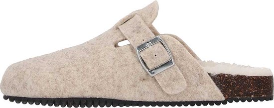 Beige vilten instapper met gesp en teddy voering, zijkant zicht.