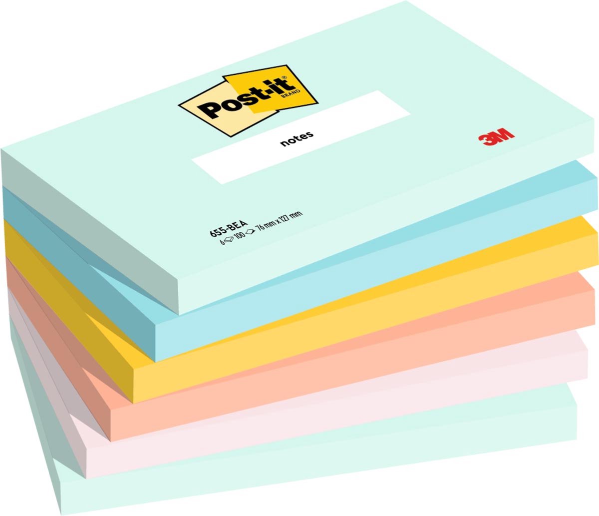 Post-It Notes, 100 vel, ft 76 x 127 mm, pak van 6 blokken, Beachside colour collection 12 stuks Wit