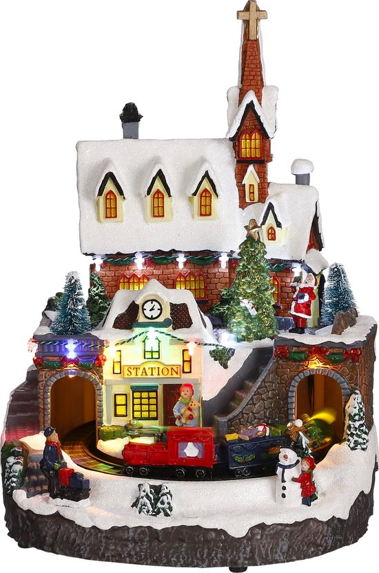 LuVille Kerstdorp Miniatuur Treinstation - L24 x B24 x H33 cm - Meerkleurig