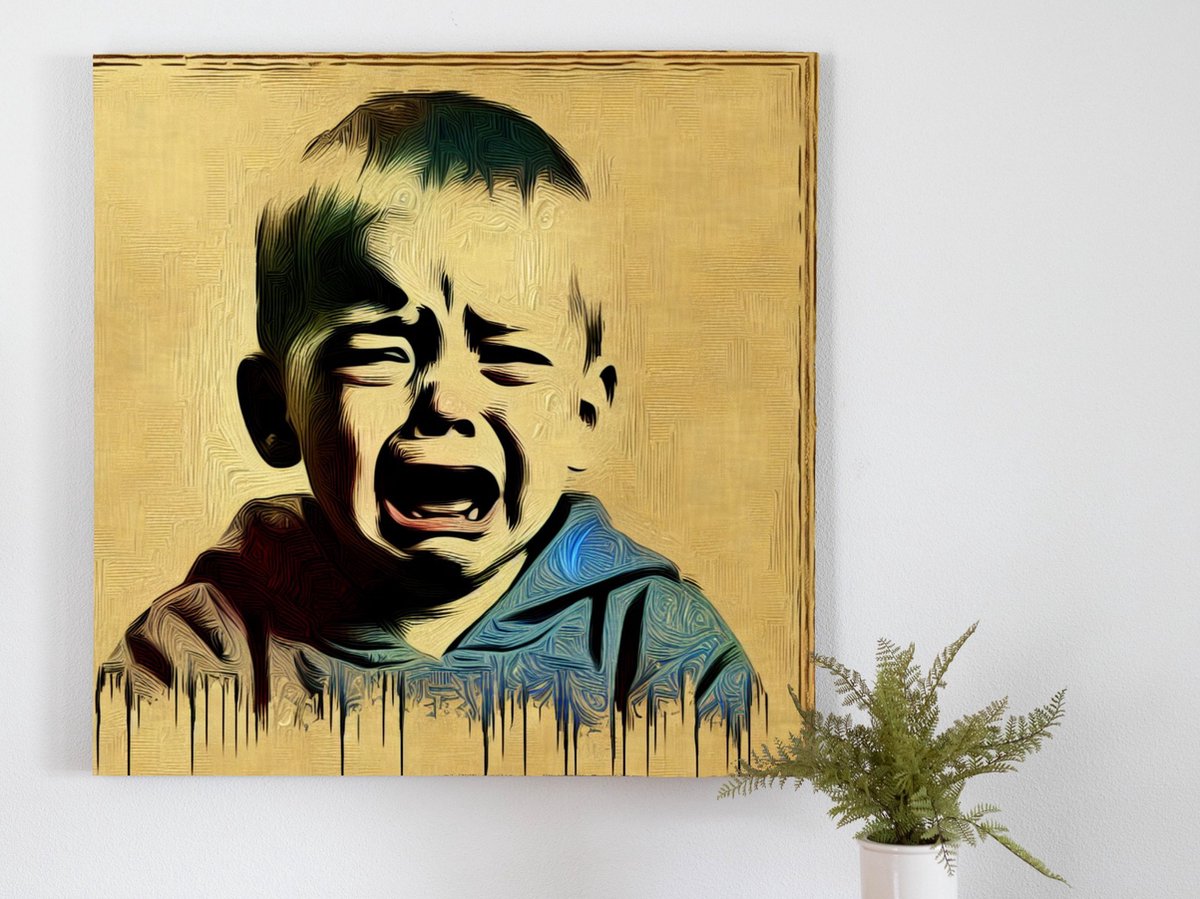 Olieverf huilend kind schilderij | Tranen van verf: Melancholisch portret van een huilend 
