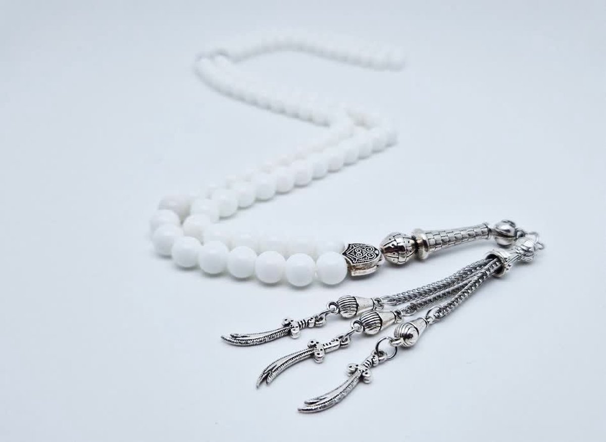 Handgemaakte tesbih natuursteen "Witte Agaat" - Aantal kralen 99 - Diameter kralen 8MM - met metaal tassel "Zwaarden" - Een mooi cadeau-idee