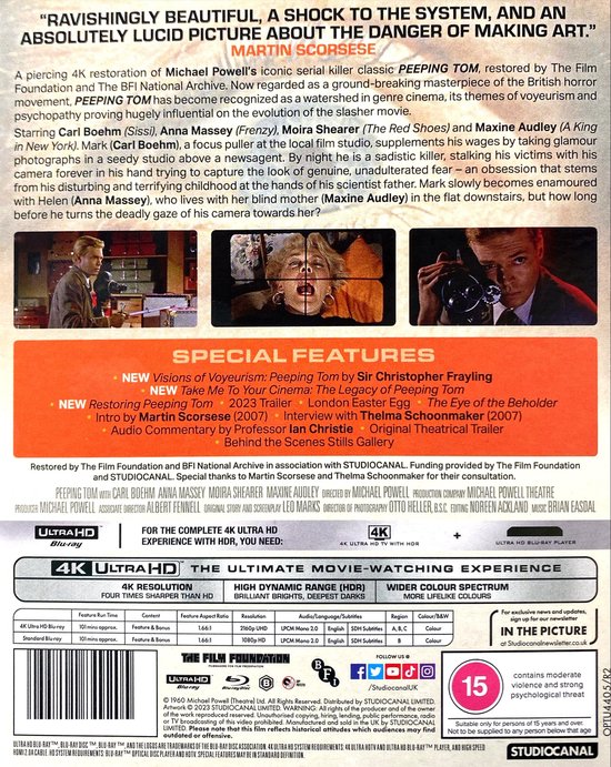 Poster van de film Peeping Tom, met een close-up van twee gezichten in een filmcamera.