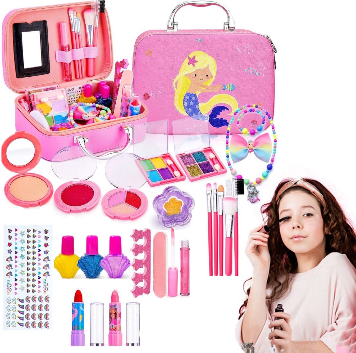 MKSS® Make up Koffer Meisjes - Kinder Speelkoffer met Inhoud - Make upset voor Kinderen - Roze Koffer met Zeemeermin - Voor jouw Prinsesje