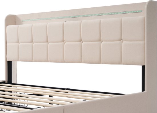 Merax Lit Double Queensize 160x200cm Comprenant Matras en Mousse Froide et 4 Tiroirs - Lit Rembourré avec Fonction de Chargement USB et LED- Siècle des Lumières - Beige