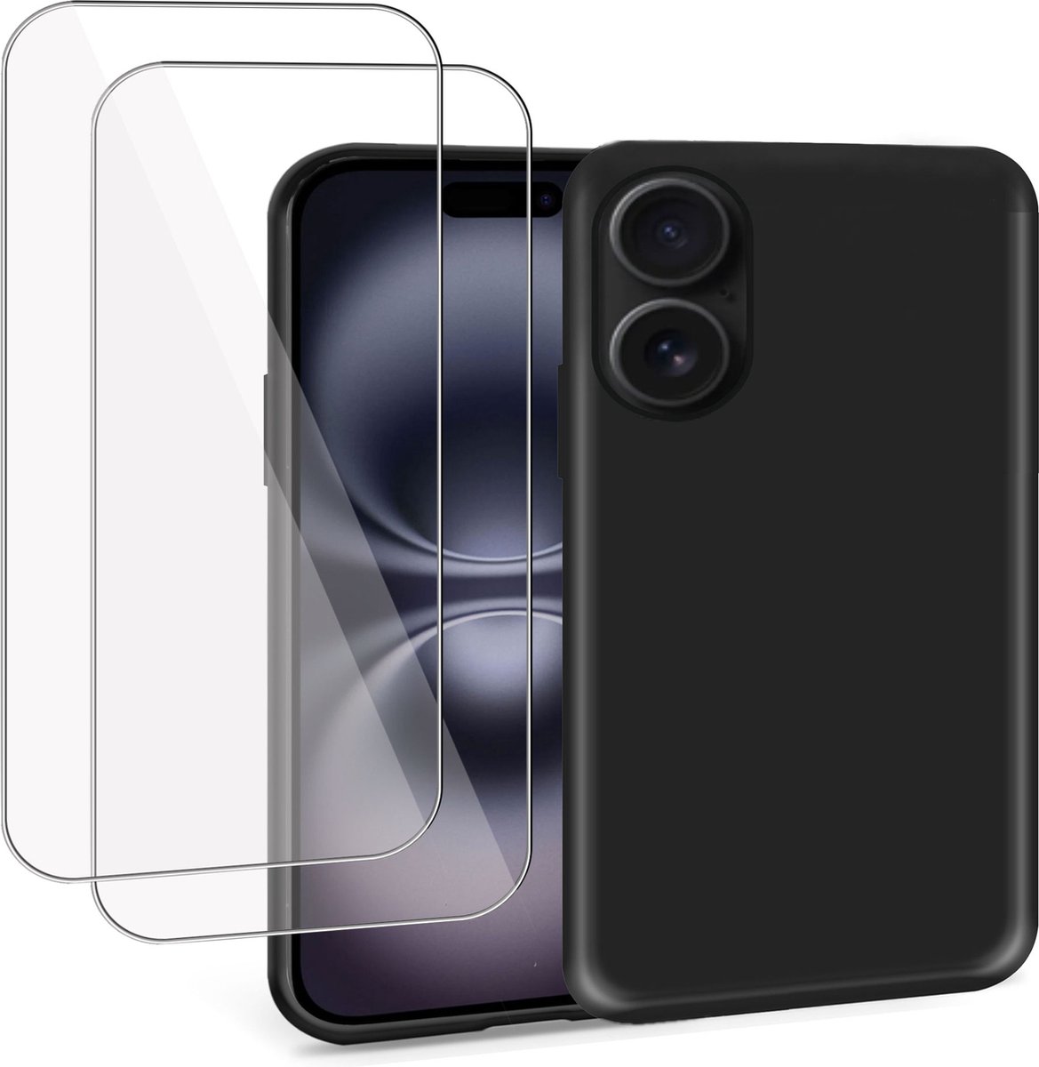 Geschikt voor Apple iPhone 16 Plus - Hoesje + 2x Screenprotector – Full Cover Gehard Glas – Suède Back Cover Case Zwart