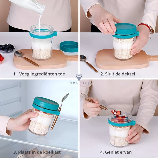 Instructions étape par étape pour préparer des flocons d'avoine dans un bocal en verre avec couvercle et cuillère.