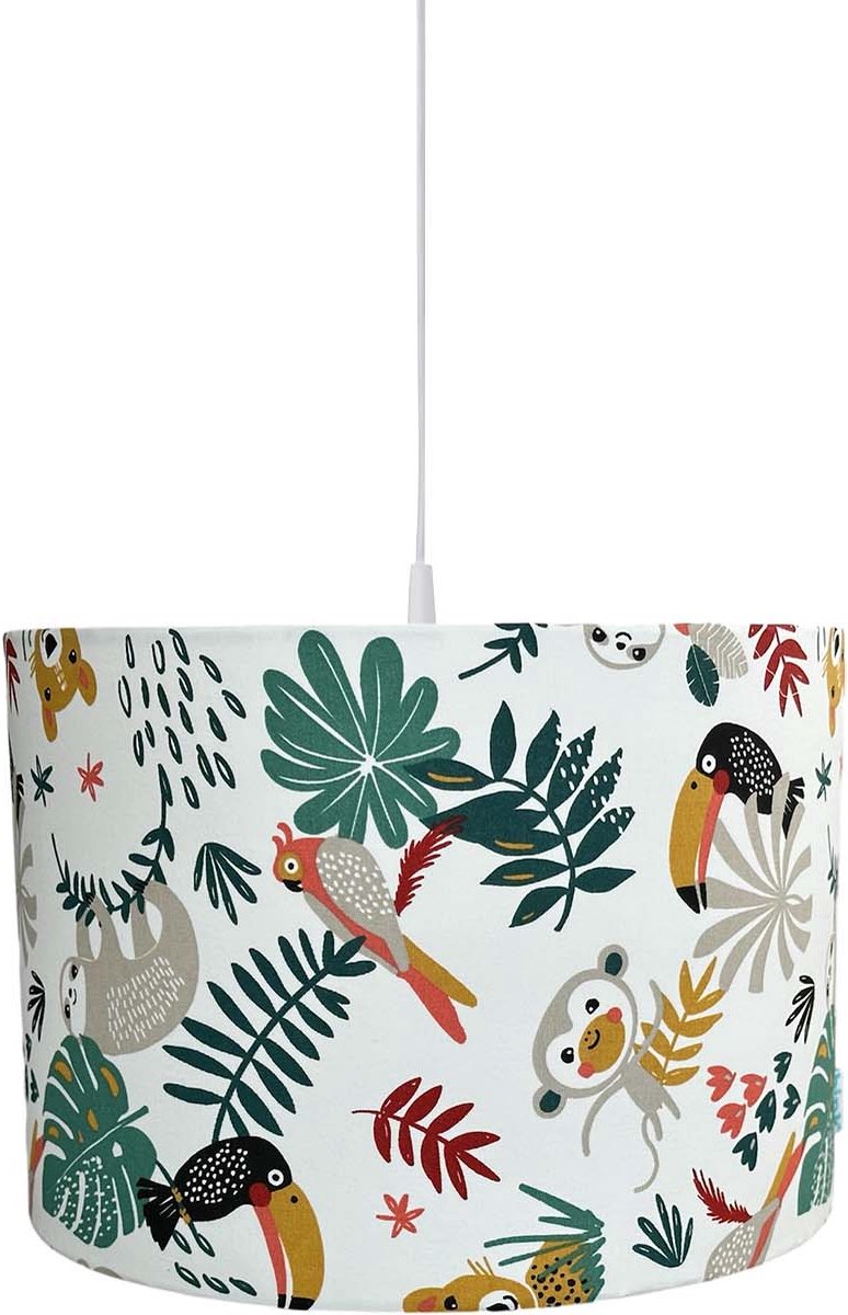 BINK Bedding Hanglamp/Lampenkap Zoë 30 cm inclusief pendel met vrolijke print van jungle dieren in rood, groen, geel en grijs op een witte ondergrond - jungle - tijger - leeuw - toekan - papegaai - luiaard - aap - jungle - kinderkamerverlichting