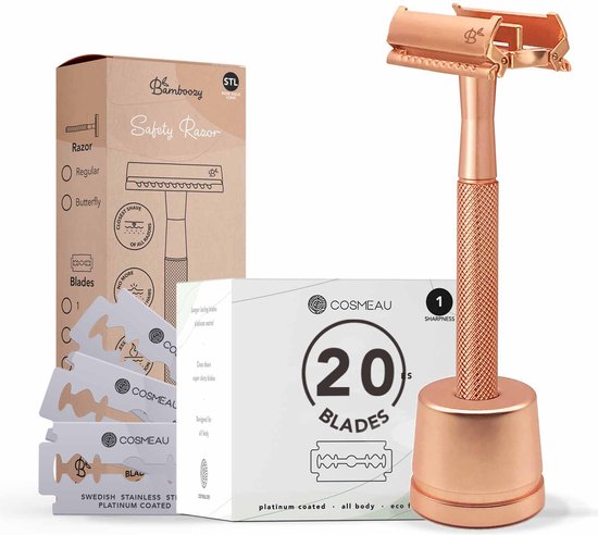 Bamboozy Safety Razor RVS Vlinder + Houder + 20 scheermesjes Rose Gold Goud voor vrouwen dames mannen Double Edge Zero Waste