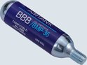 Zilverkleurige CO2 patroon met blauw/witte opdruk: AIRTANK BBB /BMP-36 16G CO2.