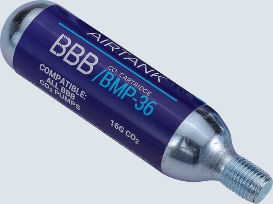 Zilverkleurige CO2 patroon met blauw/witte opdruk: AIRTANK BBB /BMP-36 16G CO2.