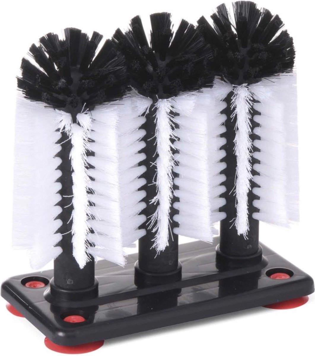 Goedkoopste BarUp Glazenspoelborstel standaard – 3 nylon borstels – 4 zuignappen – 190x100x180 mm