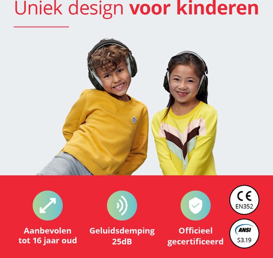 Een jongen met een gele trui en een meisje met een gele trui met oorkappen op, geschikt voor 5-16 jaar, 25dB demping.