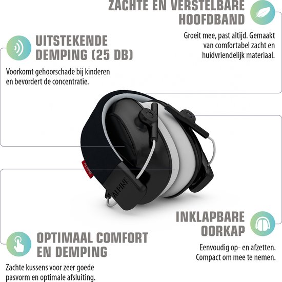 Zwarte Alpine Muffy gehoorbeschermers met zachte hoofdband, demping van 25 dB en inklapbare oorkappen.