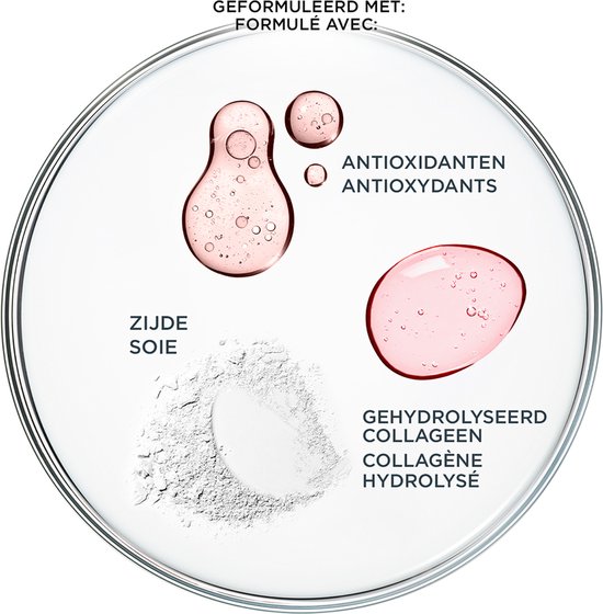 Petrischalen met druppels roze serum, zijde poeder en de tekst 'Geformuleerd met: antioxidanten, gehydrolyseerd collageen'.
