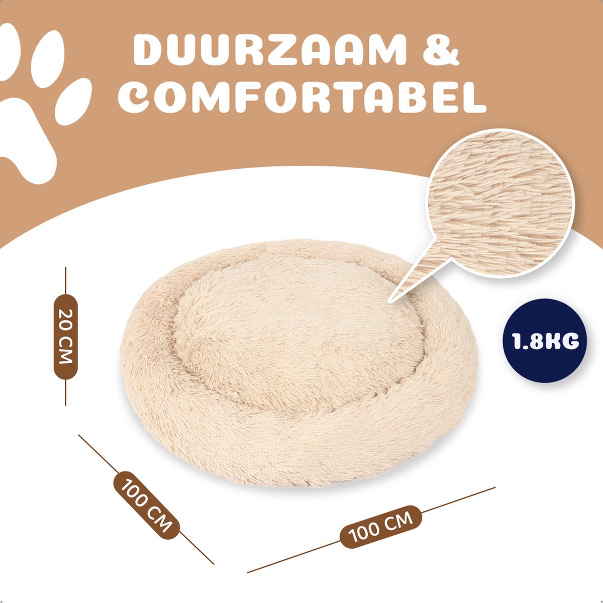 Pet Perfect Donut Hondenmand 100 cm - Fluffy Hondenkussen - Hondenbed - Crème - Wasbaar thumbnail 4