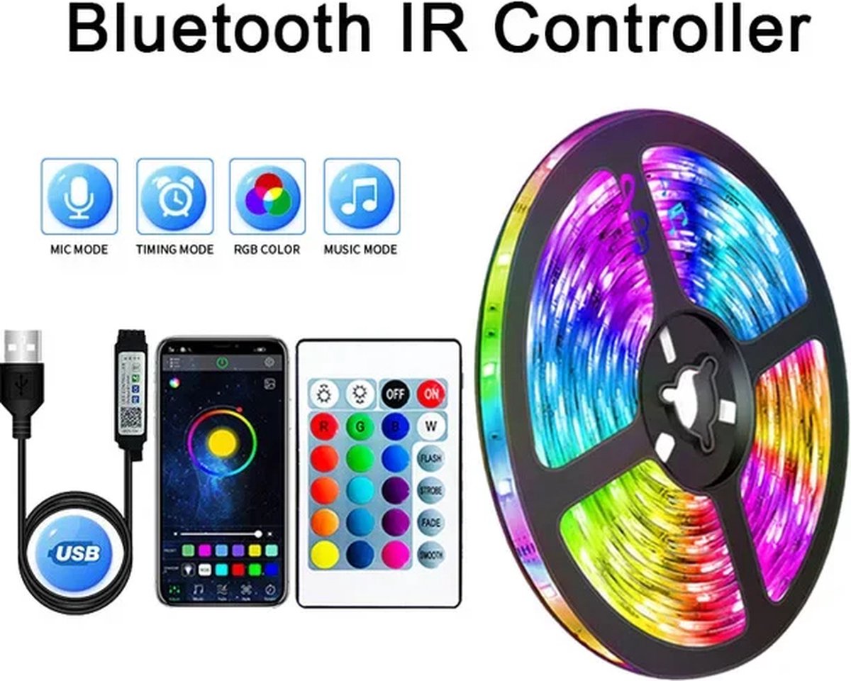 CMA RGB LED Strip 10 Meter Bluetooth Timer en Muziek Modus Verlichting Met App Bediening en Afstandsbediening Dimbaar Bluetooth – 5050 18leds m Zelfklevend 5M 10M 15M 20M 25M 30M