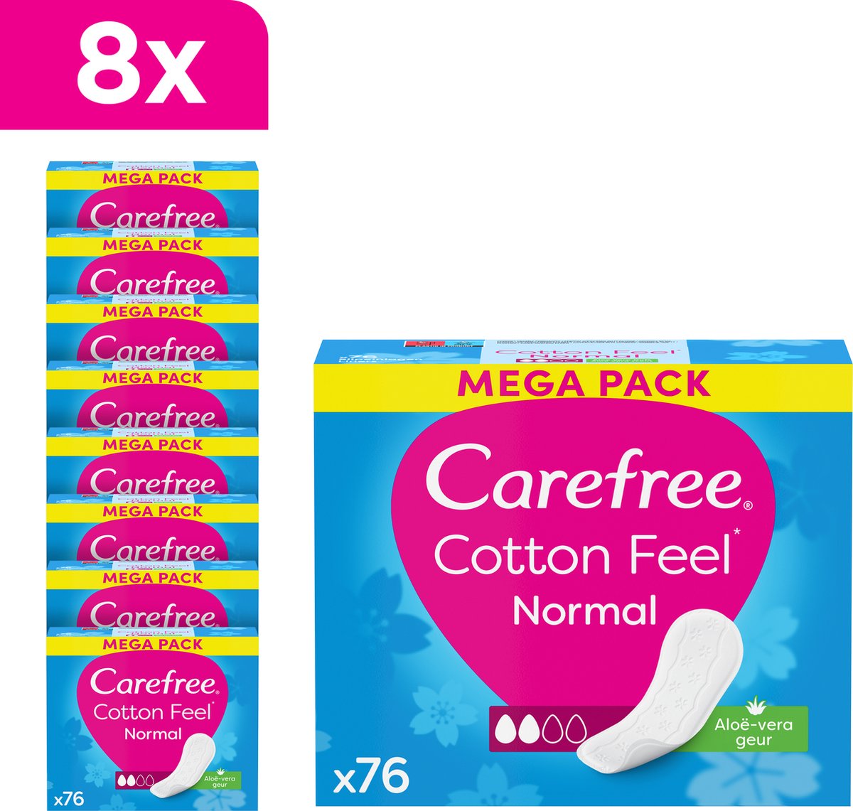 Goedkoopste Carefree Cotton Feel Normaal luchtdoorlatende inlegkruisjes - aloë vera geur - absorptiegraad twee - 8 x 76 stuks