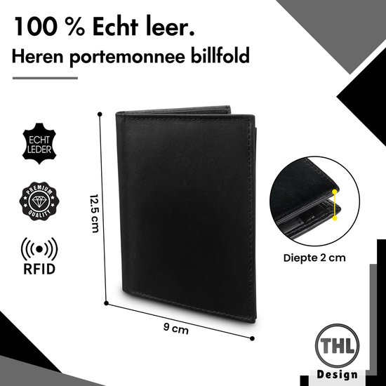 THL Design - Portefeuille Homme - Portefeuille Homme en Cuir - Billfold High - 12 Cartes - Zwart Véritable Cuir