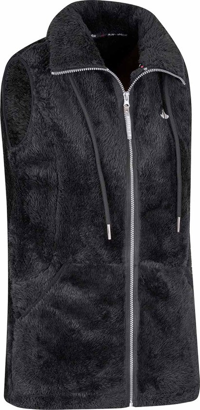 Zwarte fleece bodywarmer voor dames, met capuchon en rits.
