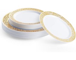 MATANA - 40 Set Premium Witte Herbruikbare Plastic Borden met Gouden Rand - Inclusief 20 Diner Borden (26cm) & 20 Dessert Borden (19cm) - voor Bruiloften, Verjaardagen, Doopfeesten, Kerstmis en Feesten
